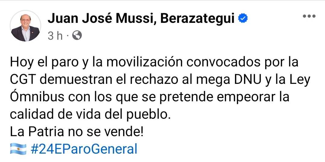 Mussi apoyó los reclamos contra el DNU y la Ley Ómnibus